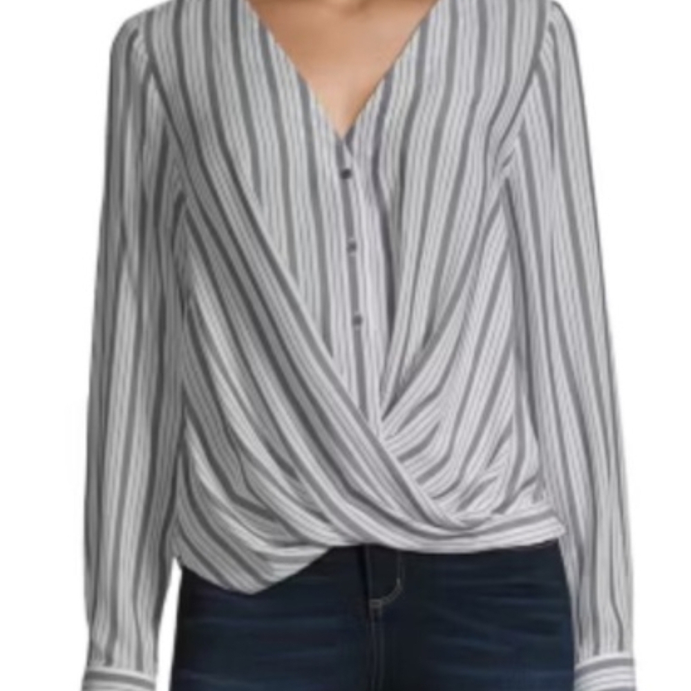 a.n.a Gray Striped Wrap Blouse